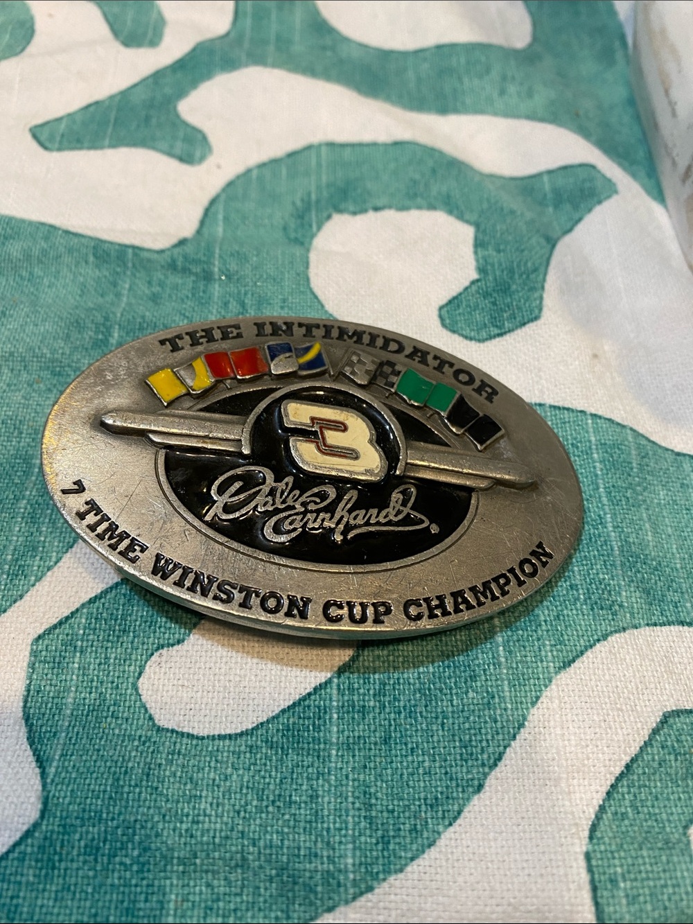 🏁Vintage Nascar Silver and Black Dale Earnhardt Belt Buckle with Multicolor Flag